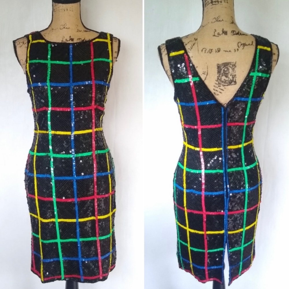 VINTAGE sequin rainbow stripe plaid sheath dress